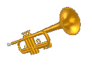 a trumpet, the bell spinning in musical motion with notes flying out like butterflies